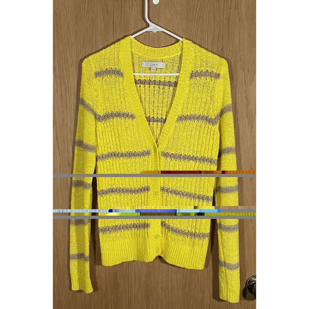 Women's M Crochet Button Up Cardigan Stripes Bright Yellow Stretchy Preppy